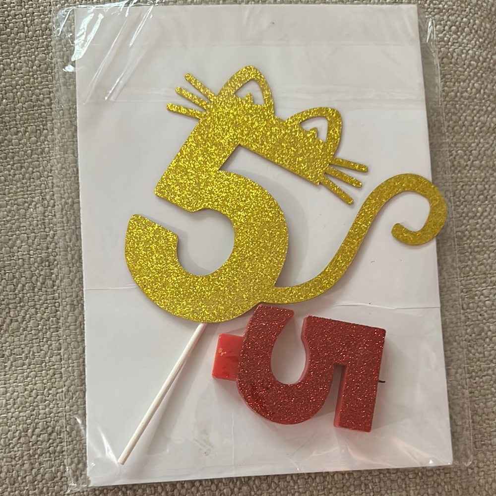 Glittery Gold and Red Cat-Themed Cake Toppers 5 candle